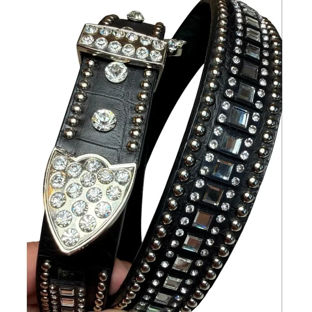 Western Rhinestone Crystal Belt Black Genuine Leather Croc Embossed Studded SM